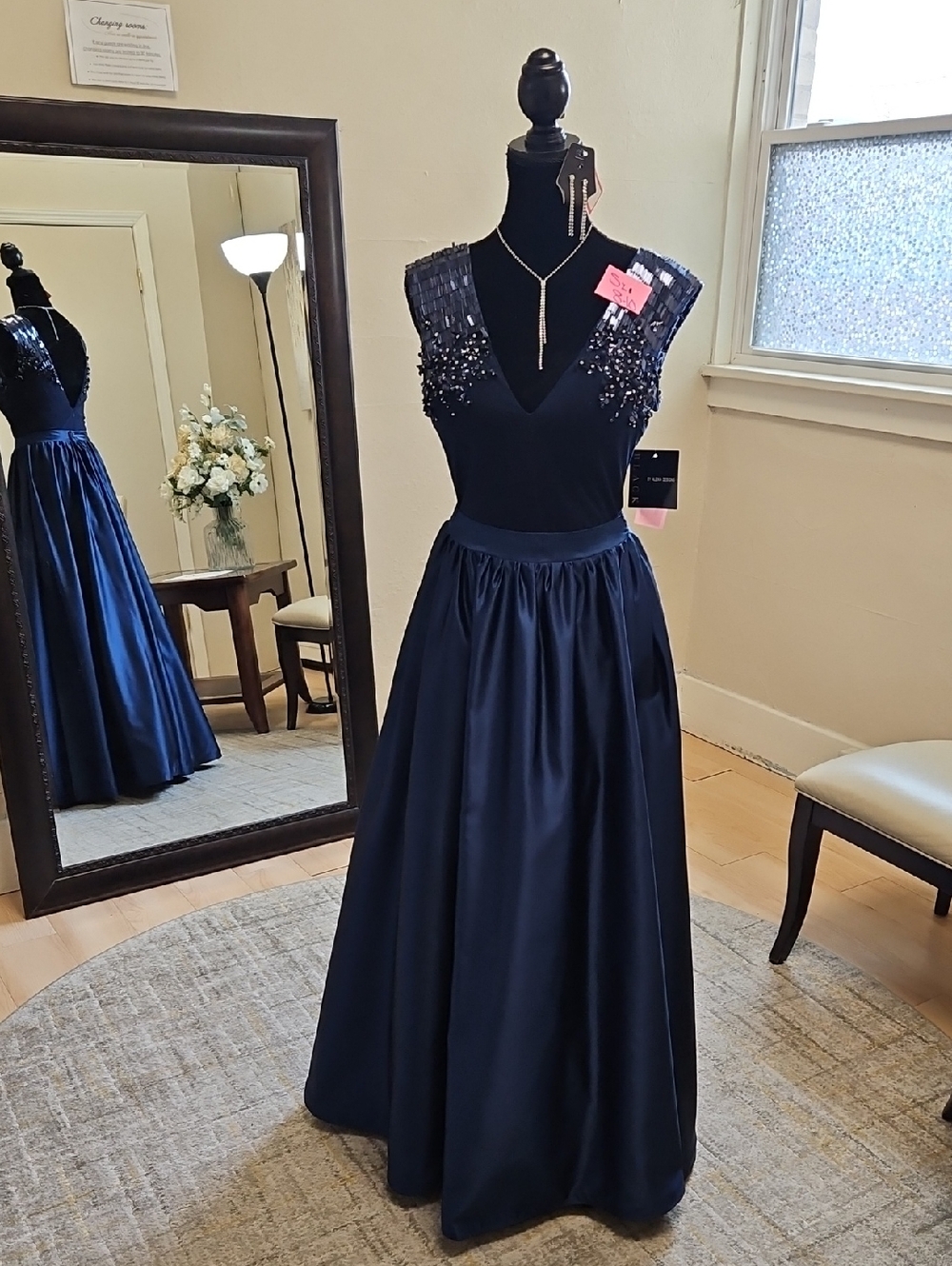 Size 8 navy 2 piece set - jersey cocktail dress w/ satin Aline overskirt & pocke